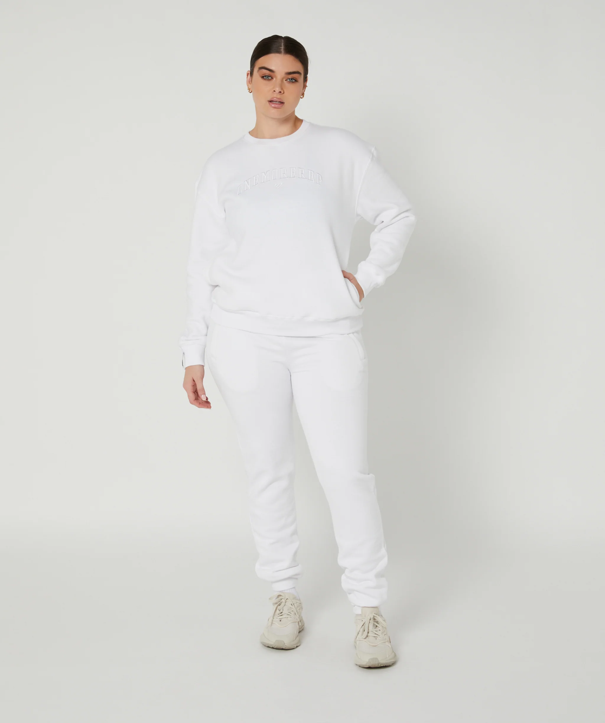 Varsity Crewneck Jumper (White/White) by OneMoreRep